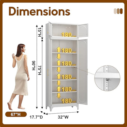 90" Metal Kitchen Pantry Cabinet, 75" Pantry Cabinets with 15" Small Cabinets, Freestanding Kitchen Storage Cabinet for Dining Room, Living Room, Alacena para Cocina, Assembly Required, White