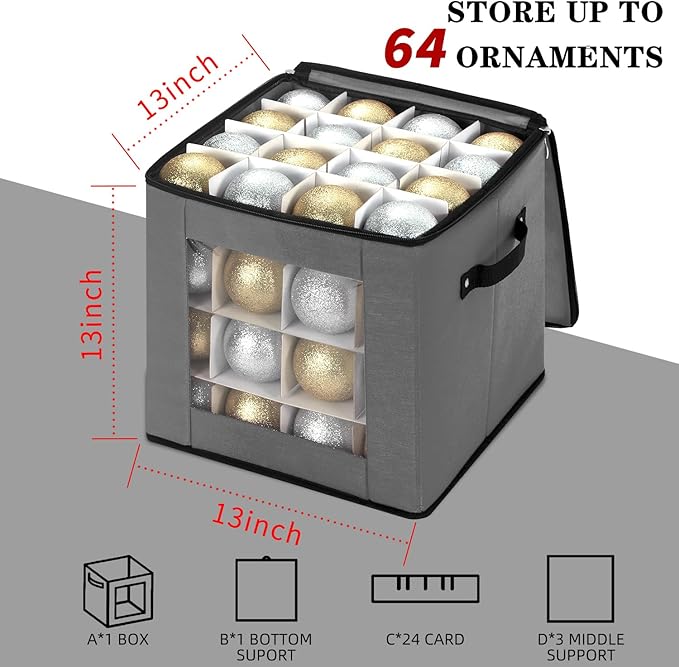 JY COOKMENT Christmas Ornament Storage Box with Adjustable Dividers, Premium Holiday Ornaments Storage Container Bin with Zippered Top for Xmas Decorations (64-3" Balls, Gray, Without Tray)