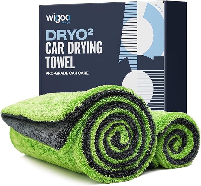 Wigoo Microfiber Car Drying Towels 36" x 24" [1300GSM Ultra-Absorbent, No Streaks & Scratches] Dual-Sided Edgeless Cleaning Towel with Twisted Loop, for Detailing, Cars, SUV, Truck(2-Size Green Set)