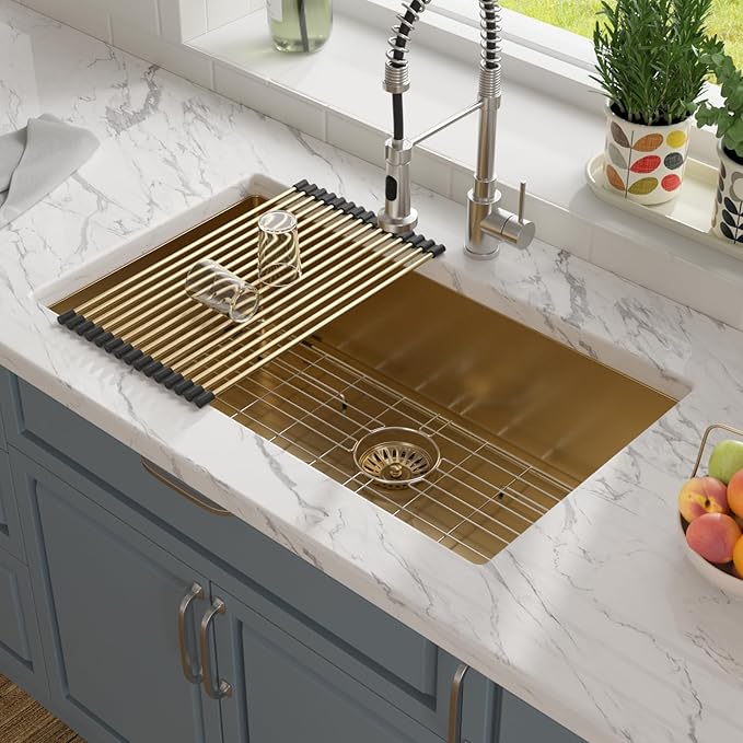 Lordear 33 Undermount Kitchen Sink 33x19 Matte Gold Undermount Sinks 16 Gauge Stainless Steel Deep Single Bowl Handmade Kitchen Sink Basin