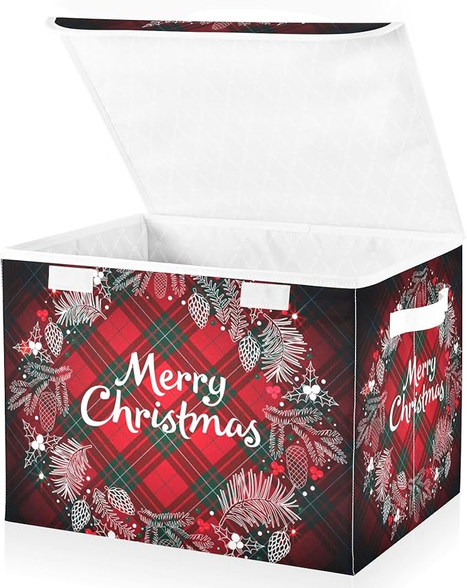 Christmas Baskets Collapsible Storage Bins with Lids, Christmas Monogram Wreath Tartan Plaid Storage Boxes Clothes Baskets for Organizing