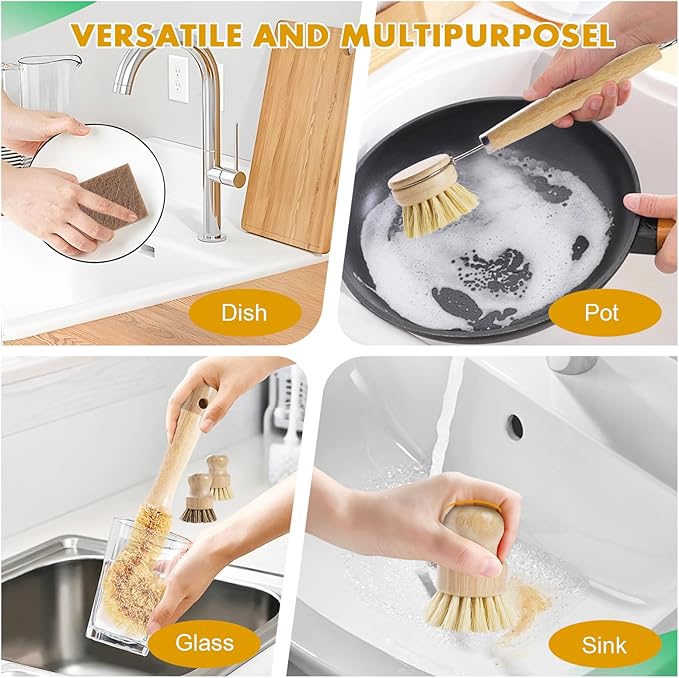 DEBETOOL 6 Piece Bamboo Dish Brush Set with Coconut Sponge - Wooden Dish Brush with Sisal and Palm Fiber, Natural Bamboo Dish Scrub Brush for Kitchen Cleaning Dishes, Pots, Pans, Bottles, Vegetables