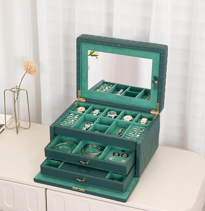 Genuine Leather Jewelry Box – 3 Layer Large Jewelry Organizer with Mirror, Lockable Jewelry Box for Women – Necklace, Ring, Earring Organizer with Drawer - Valentine's Day Gifts(Green)