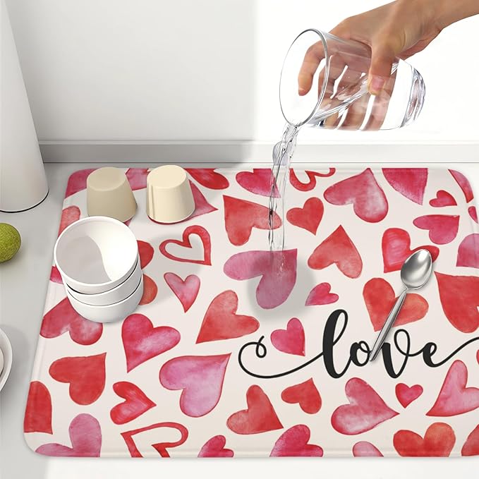 ABSOP Valentine's Day Dish Drying Mat 18 x 24 Inch Heart Shaped Dish Drying Pad Absorbent Microfiber Mats for Red and Pink Dish Rack Pad for Kitchen Counter Coffee Bar Decor
