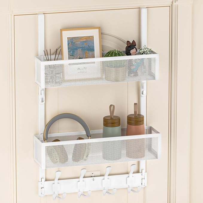 Aimeaihe Over The Door Hooks Organizer, Door Hanger Towel Rack with 2 Baskets, Adjustable Over The Door Coat Rack, Back of Door Storage for Bedroom, Kitchen, Bathroom (White)