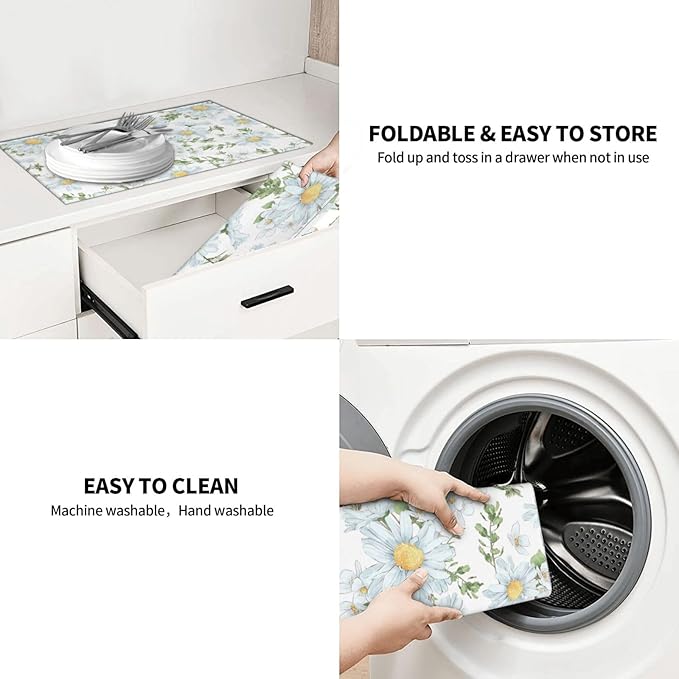 Watercolor Daisy White Dish Drying Mat for Kitchen Counter, Microfiber Absorbent Dish Draining Mat, Large Kitchen Drying Mat Heat Resistant Drying Pad for Dishes Utensils Countertops Sinks 18x24 Inch