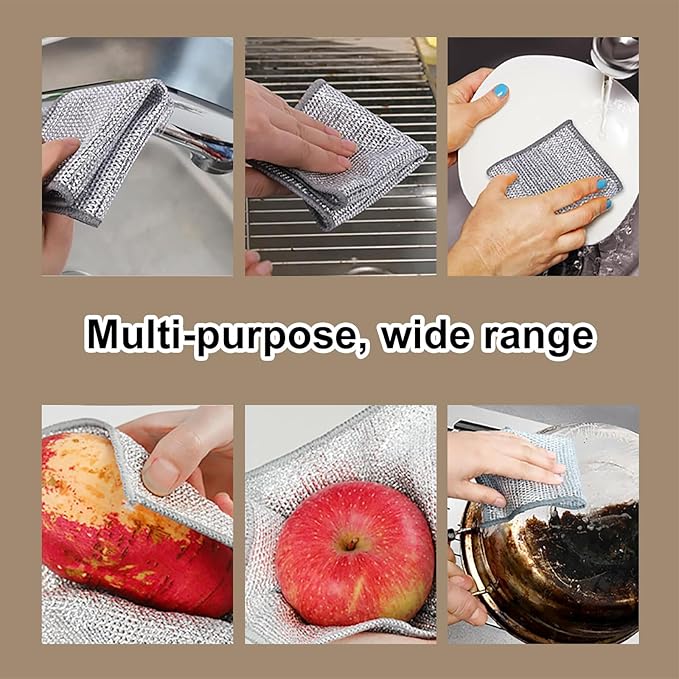 Reuseable Cleaning Cloth,Soft Wire Dishwashing Rags ,Double layer multi-purpose anti-scratch steel wire multi-purpose cleaning cloth,Suitable for tableware, metal,kitchen,home,office (10-Silver)