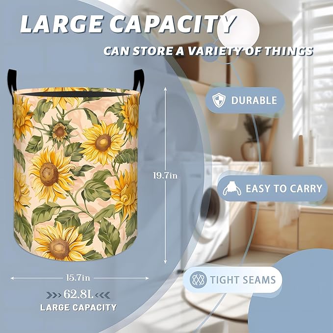 Golden Sunflower with Lush Green Leaves Laundry Basket with Handles, 19.7"x15.7" Clothes Foldable Floral Laundry Hamper Organizer for Dorm Nursery Bedroom Bathroom Decor, Toy Storage Bin for Kids