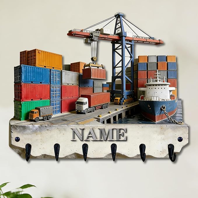 Personalized Wooden 2D Flat Print Container Truck Themed Wall Hooks for Living Room Hallway Office Custom Name Container Crane Coat Rack Port Transportation Key Storage Holder for Women Men Friends