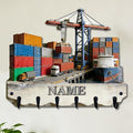 Personalized Wooden 2D Flat Print Container Truck Themed Wall Hooks for Living Room Hallway Office Custom Name Container Crane Coat Rack Port Transportation Key Storage Holder for Women Men Friends