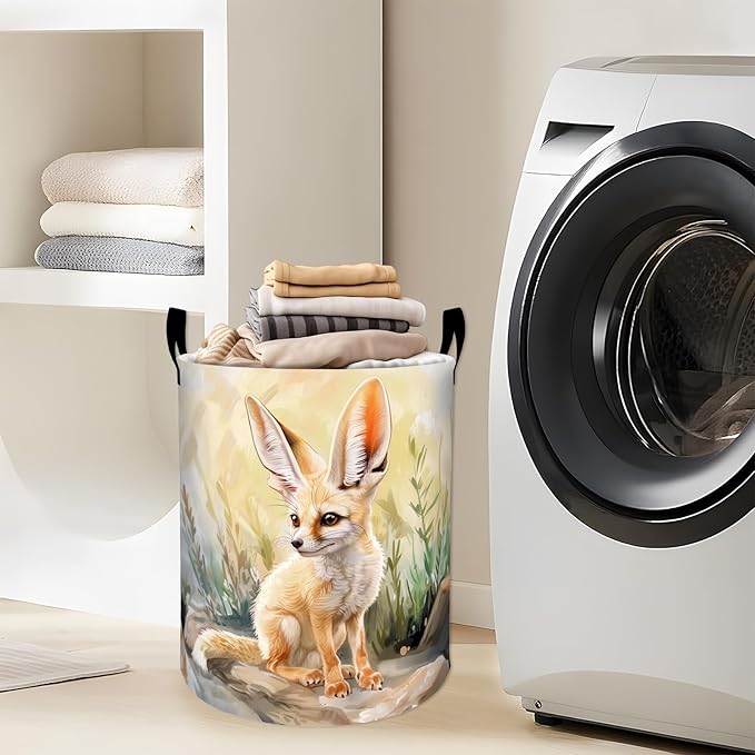 Cute Fennec Fox in Desert Laundry Basket with Handles, 19.7"x15.7" Clothes Foldable Laundry Hamper Organizer for Dorm Nursery Bedroom Bathroom Decor, Toy Storage Bin for Kids