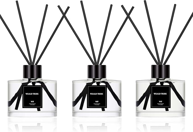 WEALD TRIBE Reed Diffuser Set Of 3 For Bathroom Air Fresheners, Oil Defusers Sticks | Bamboo, Sage & Sea Salt, Sandalwood Ebony Scent(1.7 fl oz Each Pack) Home Fragrance With 12 Sticks | Shelf Decor