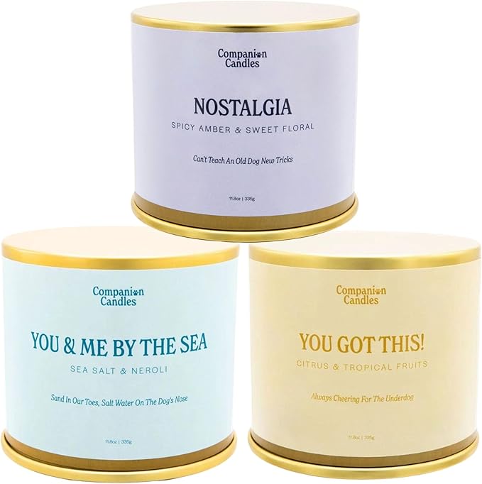 Companion Candles Pet Safe Wood Wick Candles - Sea Salt & Neroli, Citrus & Tropical Fruits, Amber & Florals, Coconut Soy Wax, 50+ Hr Burn, Non-Toxic, Women-Owned, Made in USA (11.8oz., Pack of 3)