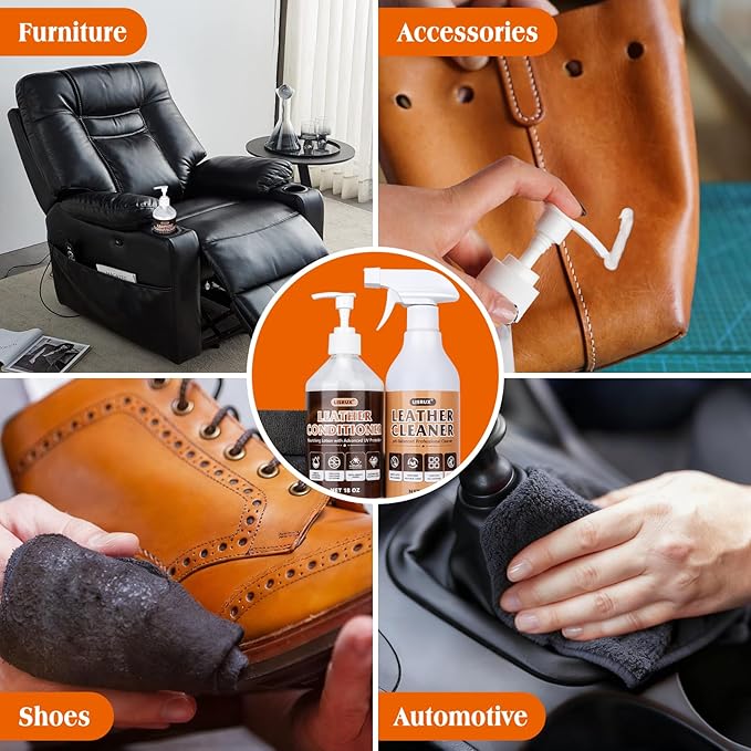 LISRUX Leather Cleaner and Conditioner Kit-2×18oz Leather Care For Car Seats, Furniture, Couches, Shoes & Boots, Restores & Protects All Leather For Natural, Synthetic, Faux, Pleather, pH-Balanced