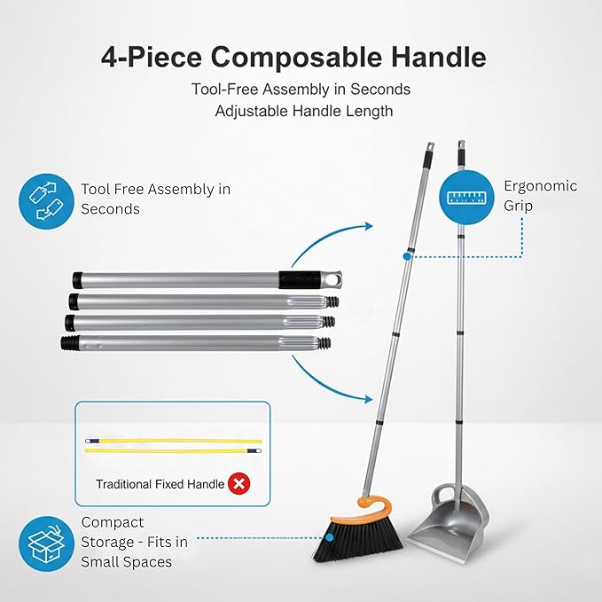 Surfer Combo Broom with Dustpan Combo Set – 4-Piece Composable Handle Broom and Dustpan Set with Long Handle | Durable Dust Pan & Broom for Home and Commercial Cleaning