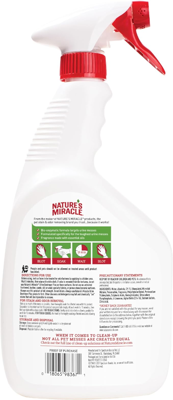 Nature’s Miracle Urine Destroyer Plus Cat, 32 Ounces, Enzymatic Formula, Ready-to-Use (Pack of 12)