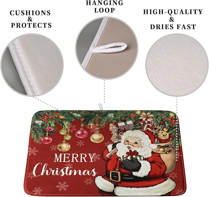 Kwlegh Merry Christmas Dish Drying Mat Santa Claus Kitchen Drainer Mats Microfiber Absorbent Winter Xmas Holiday Dishes Pad Reusable Dish Rack Mat for Countertop Tableware Decor 18x24 Inch