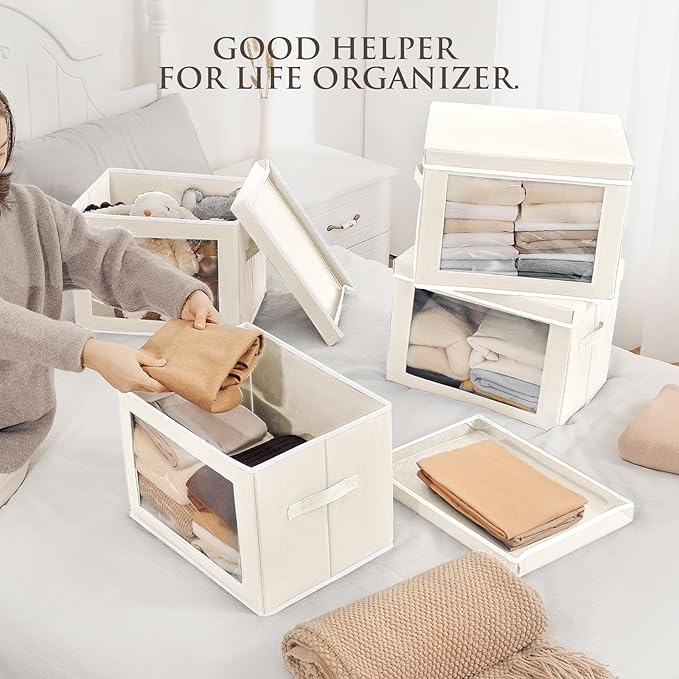 Storage Bins with Lids, 4 Pack Large Storage Cubes with Window, Closet Bins with Lids & Handles, Fabric Box for Organizing Clothes, Towels, Books, Beige