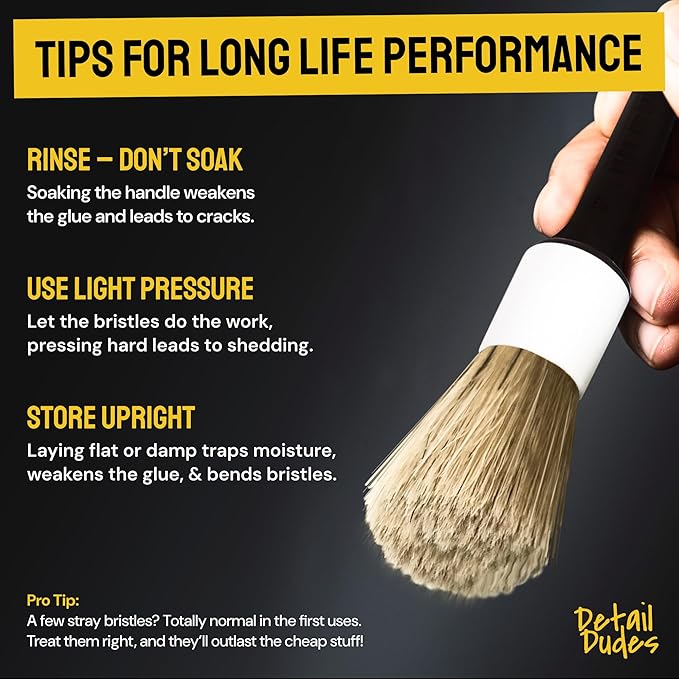 Detail Dudes Boar Hair Detailing Brush Set - 9-Pack - Includes Wheel, Tire Brush & Tire Dressing Applicator - Soft Boar Hair Bristles - Scratch-Free Car Wash - Crevice Tools for Vents & Emblems