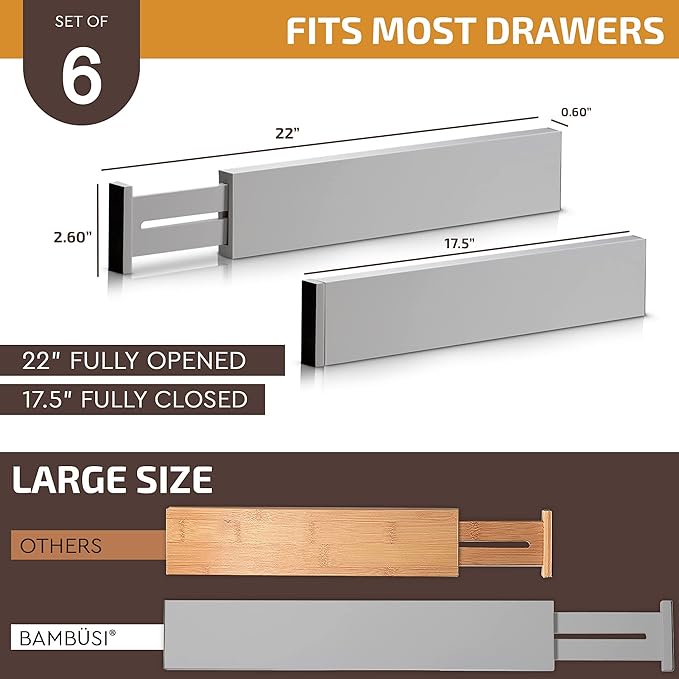 Adjustable Bamboo Drawer Divider Organizers - 6 Pack Large Expandable Drawer Organization Separators for Kitchen Utensils, Dresser, Bedroom, Bathroom, Baby Drawer, Office - 17.5” to 22" (Gray)