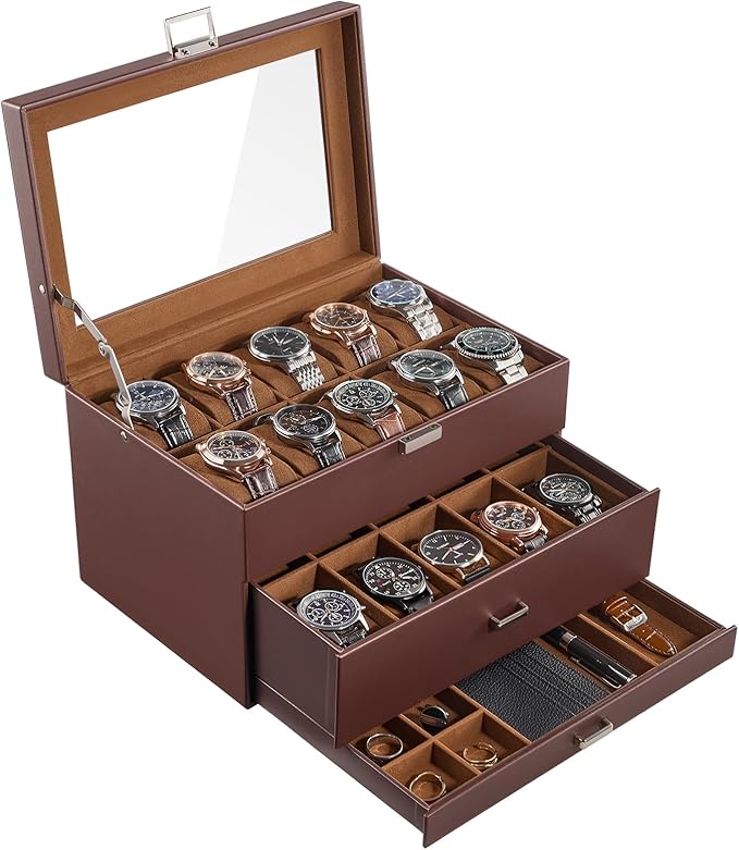 ProCase 20 Slot Watch Box for Men, 3-Layer Watch Display Case with Glass Lid, Watch Holder with Drawer, Jewelry Storage Organizer for Watches Straps Rings -Brown