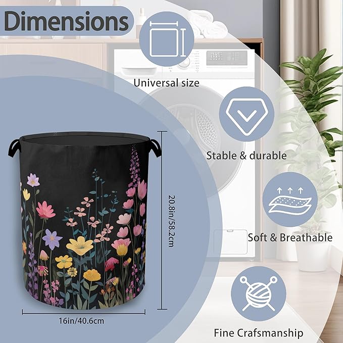 Vintage Wildflowers Laundry Basket,Garden Herb Oxford Cloth Laundry Hamper with Handle Foldable Portable Clothes Storage Basket for Bathroom Bedroom Dorm Room 16" x 20.8"