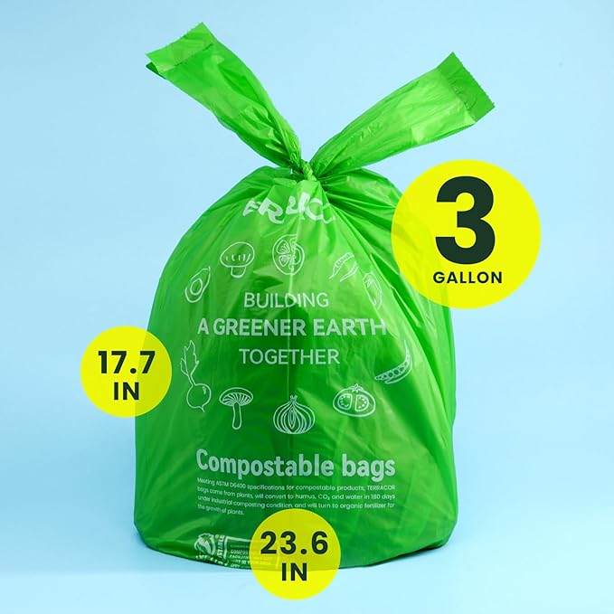 TERRACOR Compost Bags, 3 Gallon Compostable Food Scrap Bags Handle Tie,200 Count (Pack of 2),Certified by BPI and ASTM D6400