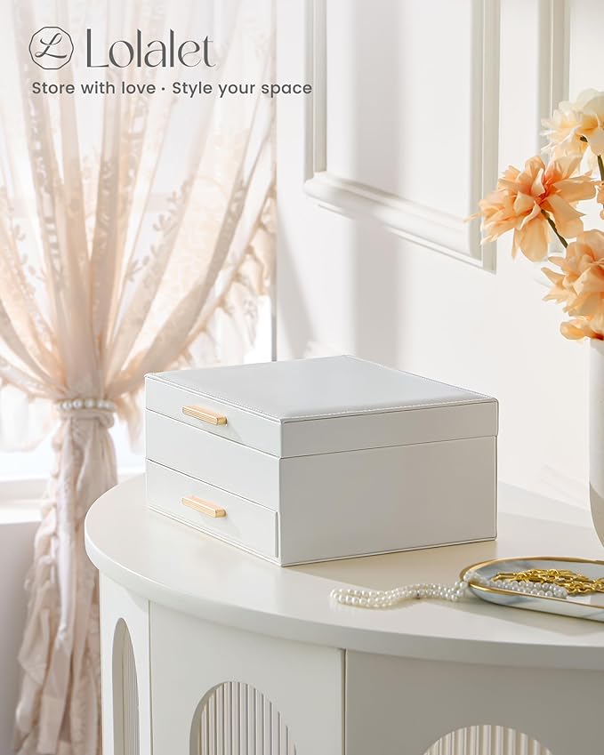 Lolalet 2-Layer Jewelry Boxes Organizer for Women Girls, Jewelry Storage Case Holder with Drawers for Necklaces Rings Earrings Bracelets Watches, Gifts Choice for Girlfriend Wife -Beige