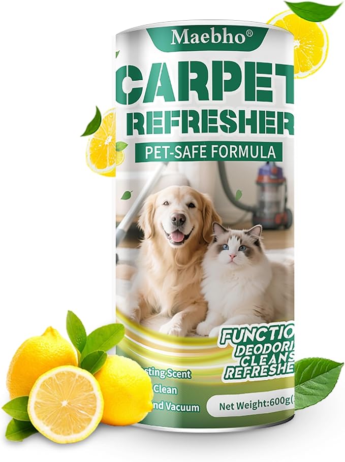 Maebho Carpet Deodorizer Freshener Powder for Pets - Pet Odor Eliminator for Urine, Feces & Vomit | Lemon Scent, Natural Ingredients Safe for Kids & Pets | 21 Oz