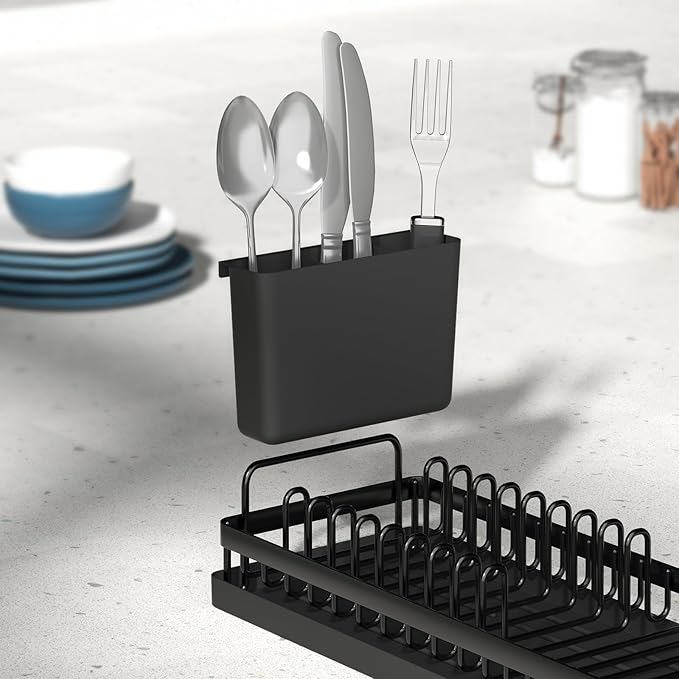CHLORYARD Small Dish Drying Rack, Compact Sink Dish Drainer Plate Organizer with Utensil Holder and 2pcs Silicone Drying Mats for Kitchen Counter, RVs, Apartments