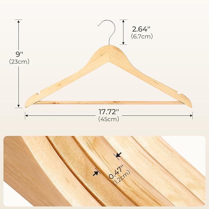 HOUSE DAY Premium Wooden Coat Hangers 100 Pack, Heavy Duty Solid Wood Clothes Hangers with 360° Swivel Hook & Pant Bar for Jackets, Dress, Shirts, Natural Wood Suit Hanger for Closet Organizer