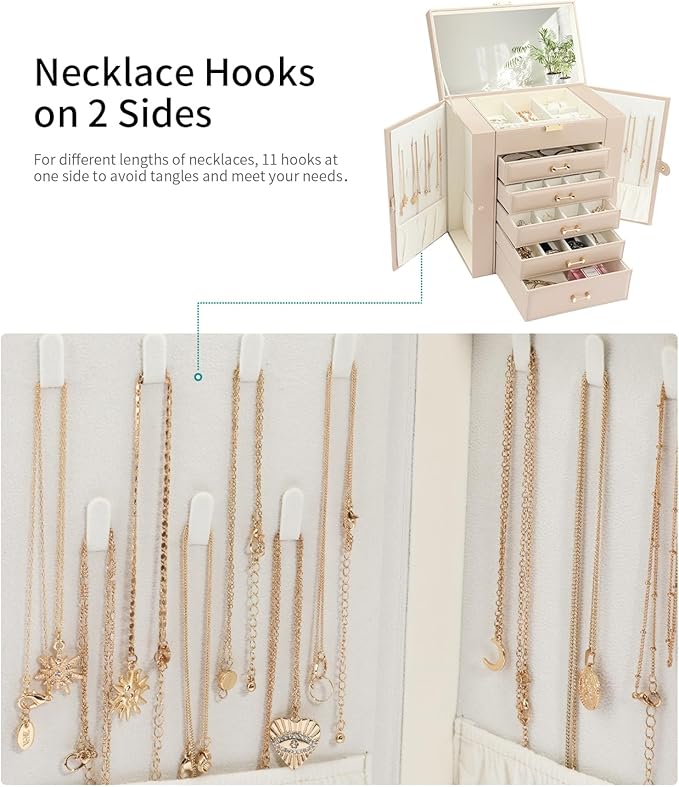 Jewelry Storage Box, Jewelry Organizer with 22 Necklace Hooks, Large Jewelry Box for Ring Bracelet Necklace Earrings (Apricot)