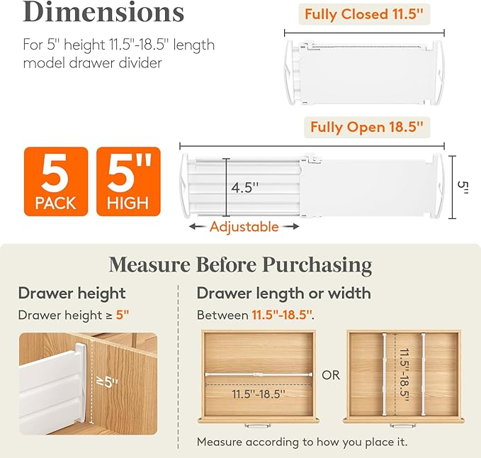Lifewit 5" Tall 5 Pack Deep Drawer Dividers, 30 –47cm/11.5-18.5" Expandable Drawer Divider for Clothes, White Dresser Drawer Storage Organizers, Clothing Drawers Separators for Dresser Kitchen Bedroom