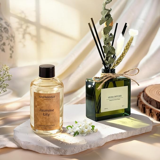 Jasmine Lily Scented Reed Diffuser Oil Refill with 10 Sticks, 120 Days Long Lasting for Home, Elegant Fragrance for Bathroom Bedroom Office Decor Air Fresh, 6.7 fl oz / 200 ml