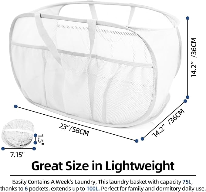 Collapsible Laundry Baskets, Upgrade Pop Up Laundry Hamper with Convenient Bags, Foldable Laundry Basket Mesh Light Weight, Easy to Carry Clothes Hampers for Laundry, Dorm, Toys, Travel White