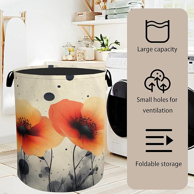 Orange Flowers Laundry Basket - Heavy Duty 60L Dirty Clothes Basket, Water Resistant Foldable Hamper for Men Women, Storage Basket for Bedroom, Bathroom, Nursery
