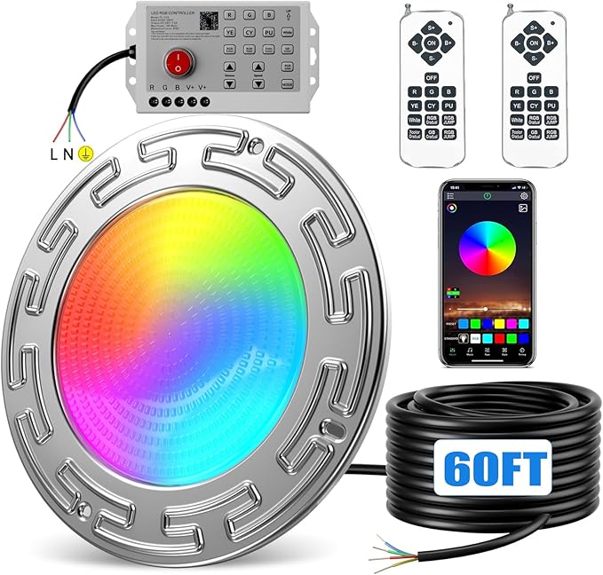 60FT 10Inch 60W Led Smart Pool Lights for Inground Pool with 3 Control Way (App/Remote/Controller), Led Color Changing Underwater Swimming Pool Light for 10" Large Wet Niches