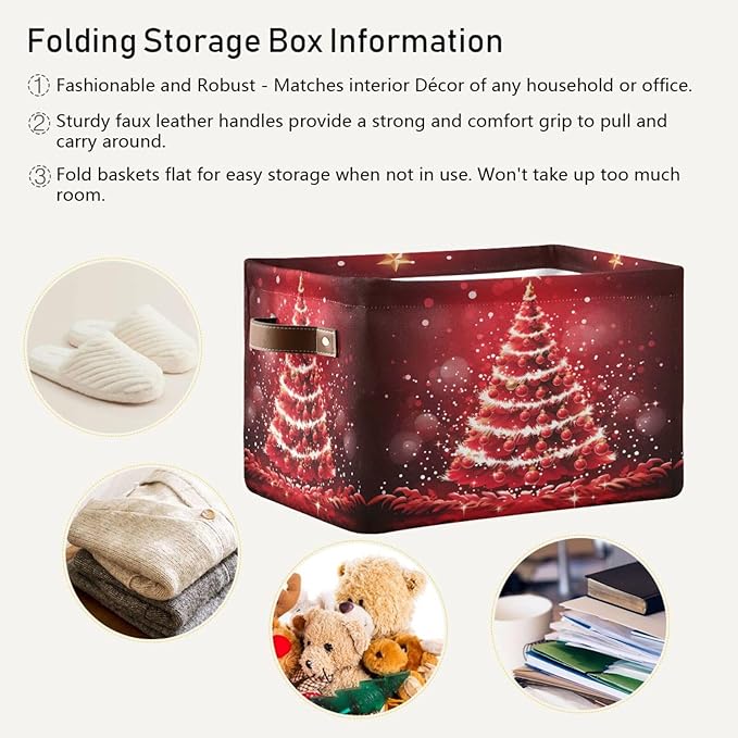 ALAZA Beautiful Christmas Tree Ball Red Foldable Storage Box Storage Basket Organizer Bins with Handles for Shelf Closet Living Room Bedroom Home Office 2 Pack