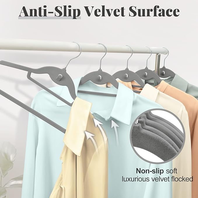 UEAKPIC Velvet Hangers 50 Pack, S-Shaped and Stackable Non Slip with 360°Swivel Hook, Ultra Thin and Space Saving Flocked, for Suits, Shirts, Coats, 15Lbs Capacity Heavy Duty, Grey