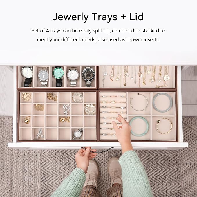 Voova Stackable Jewelry Organizer Tray with Lid, PU Leather Jewelry Storage Holder for Drawer Inserts, Jewellery Display Box Case for Earring Necklace Ring Watch Bracelet (Set of 4, Caramel Brown)