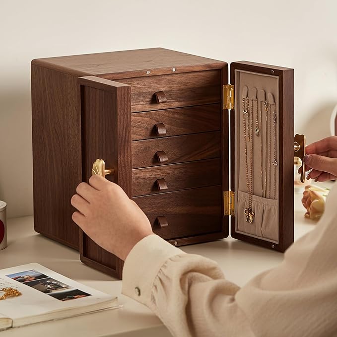 CHOSIN Black Walnut Wooden Jewelry Box 5 Layer Large Wood Jewelry Organizer Brass Handle for Necklaces Rings Earrings Watches Storage Valentines Day Gifts for Her(7.9x8.7x10.0inches)