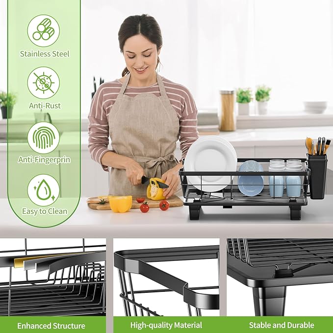 BULIJUJU Small Dish Drying Rack, Space Saving Dish Racks for Kitchen Counter, Kitchen Organizer Dish Drainer with Cutlery Holder for Spoons and Forks, 11''W x 15''L, Black