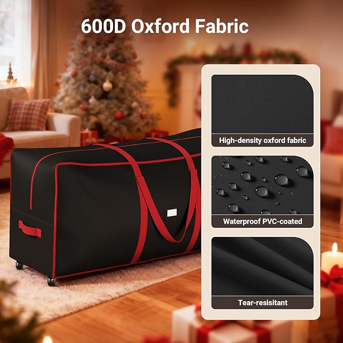 ELYKEN Christmas Tree Storage Bag with Wheels, Rolling Storage Bag for Artificial Christmas Tree and Decorations, Heavy Duty 600D Oxford Fabric, Length-Adjustable Handles, 16x20x64in, Black