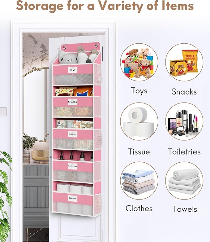 Optish Over The Door Organizer Hanging, 5 Shelf Behind The Doors Storage, Pantry Door Organizer, Closet Organizers for Bedroom and Nursery (Pink)