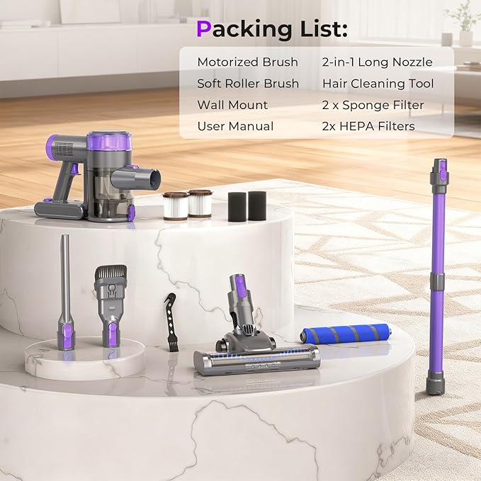 Cordless Vacuum Cleaner, 30Kpa Vacuum Cleaners for Home, Stick Vacuum with LED Display, 2 Roller Brushes for Anti-Tangle & Hard Floor, 6 in 1 Lightweight Vacuum for Hard Floors Carpet Pet Hair