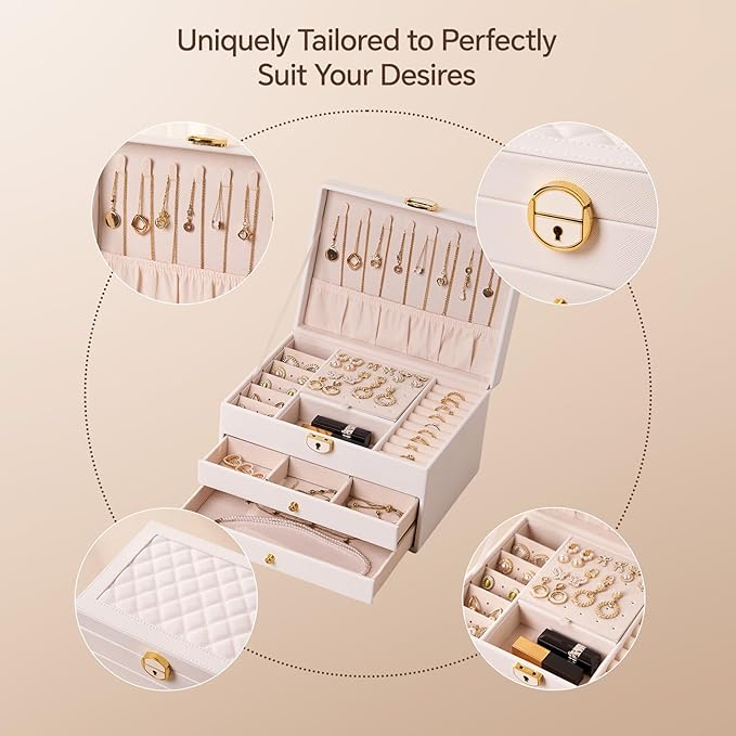 3 Layer Jewelry Box, Jewelry Holder Organizer with Jewelry Organizer Drawer, Large Jewelry Boxes & Organizer with Velvet Earring Organizer, Lockable Jewelry Holder, Unique Gifts for Women Mom (White)