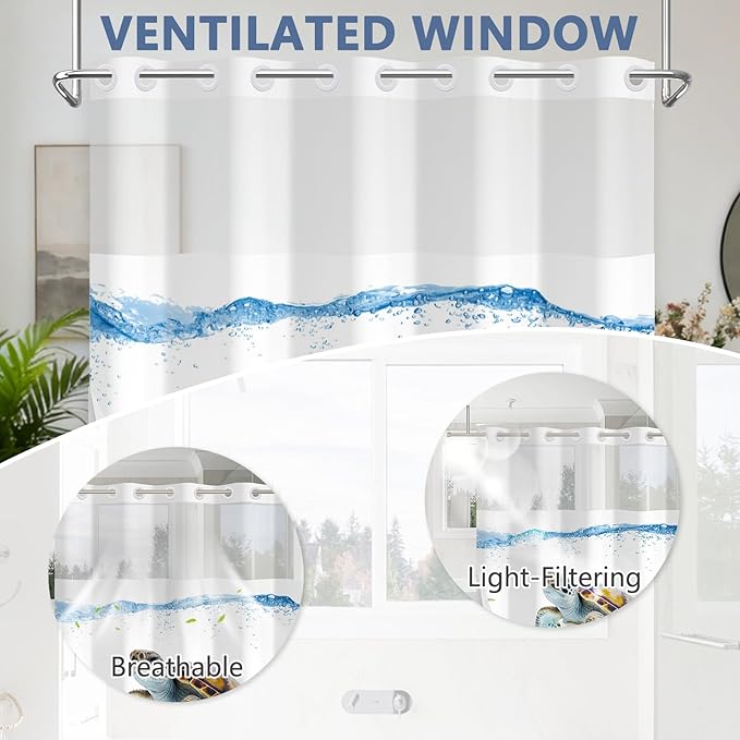 Sea Turtle Shower Curtain Set, Ringless Shower Curtains with Snap-in Washable Shower Curtain Liner and See-Through Window, Nautical Bathroom Decor, 71x74 Inches