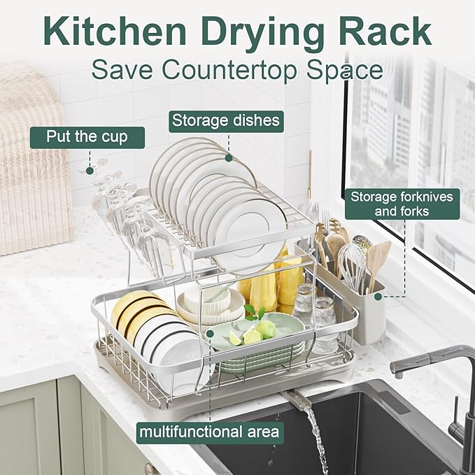 LIYI Dish Drying Rack,Large Dish Rack for Kitchen Counter,2-Tier Dish Racks with draining Tray,Detachable Capacity Dish Drainer Organizer,Grey