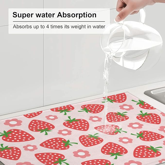 Pink Strawberry Dish Drying Rack Mat for Kitchen Counter XL, Cute Flower Dish Drying Pad Absorbent Reversible Microfiber Protector for Coffee Bar Sink Countertops 18x24 Inch