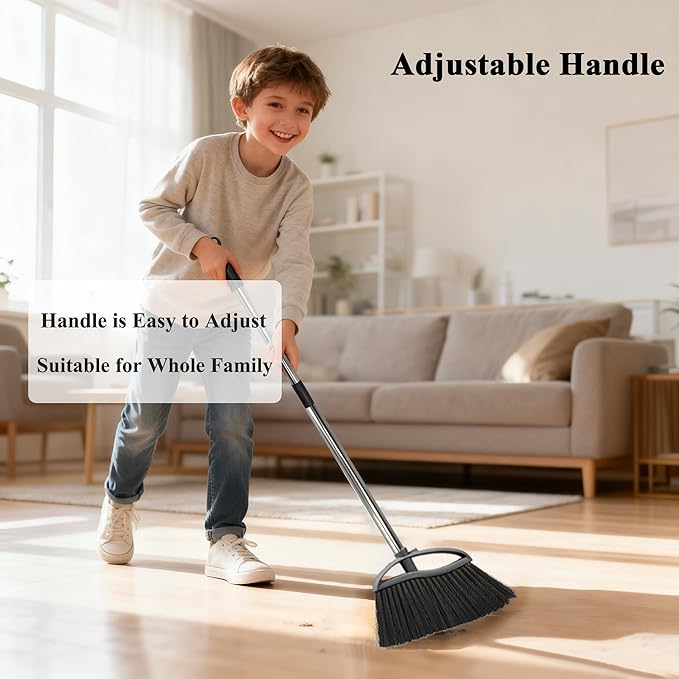 3 Pack Soft Bristle Angle Broom for Floors - Wide Indoor Heavy Duty Broom with 38"-53.5" Adjustable Handle, Kitchen & Restaurant Use for Hardwood, Porch (Gray, Yellow, Green)